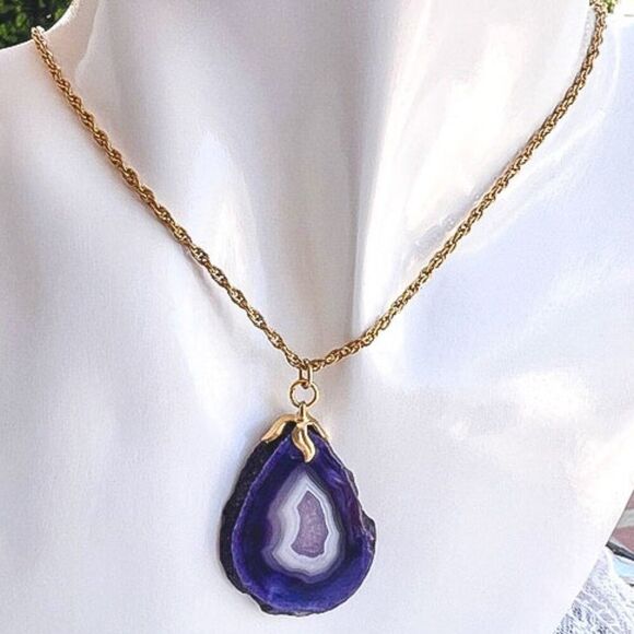 Vintage Amethyst Geode Slice Pendant Necklace 18" - Picture 8 of 8